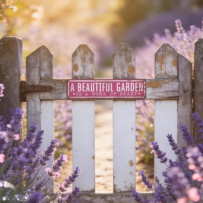 Vintage Garden Metal Tin Sign, A Beautiful Garden Is A Work of Heart Sign, Vintage Farmhouse Wall Art, for Yard Fence Door Porch, Rustic Outdoor Gardening Decoration, 15.7 x 3.9 Inches