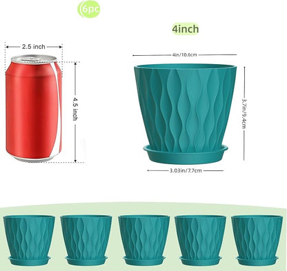 4 Inch Plant Pots, 6 Pack Indoor Flower Pots, Planters with Drainage Holes and Trays for Orchids, Violets, Succulents, Herbs, and Other Plants,Blue-Green