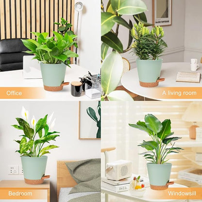 Vanslogreen Planters for Indoor Plants 7/6.5/6/5.5/5 Inch, Self Watering Planters with Drainage Holes and Saucers 5 Pack Plastic Pots for Plants, Succulents, Herbs, Cactus, Flower Pots, Green