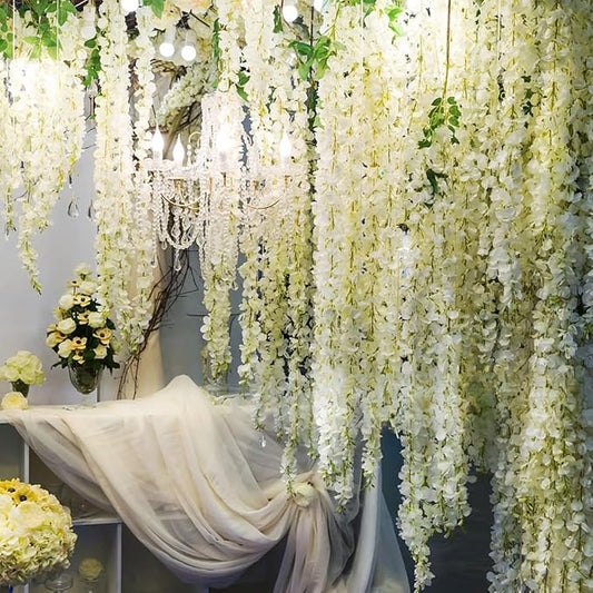 Artificial Wisteria Hanging Flowers Fake Wisteria Flower Garland Silk Vines Rattan Decor for Home Wedding Arch Wall Garden Greenery Bedroom Outdoor Office Party Decoration (24, White)