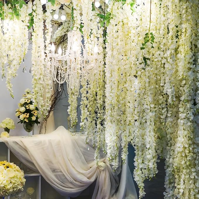 Artificial Wisteria Hanging Flowers Fake Wisteria Flower Garland Silk Vines Rattan Decor for Home Wedding Arch Wall Garden Greenery Bedroom Outdoor Office Party Decoration (36, White)