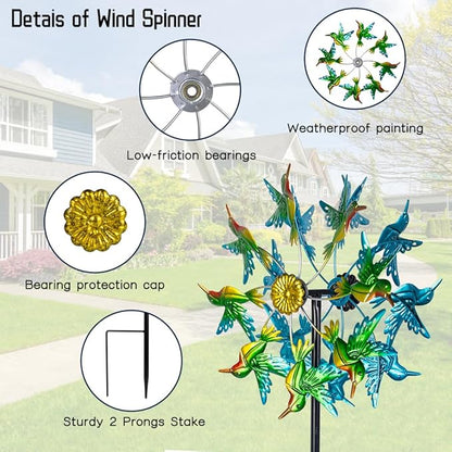 Viveta Wind Spinners for Yard and Garden, Hummingbird Wind Spinners | 57.5" Double Wind Spinner with Metal Stake, Yard Art Decor for Patio Lawn Garden