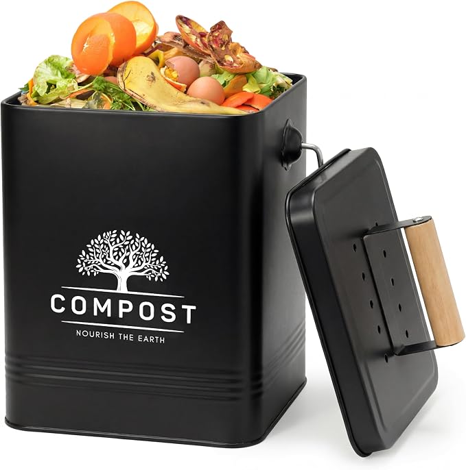 PERFNIQUE Kitchen Compost Bin, 1.7 Gallon Countertop Compost Bin with Lid, Indoor Compost Bin Includes 2 Carbon Filters, Small Compost Bucket, Food Waste Bin for Kitchen with Trash Bags (Matte Black)