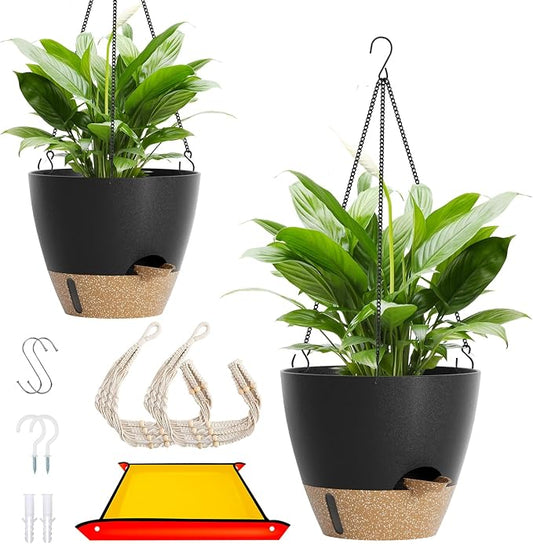 LEWESU Set of 2 Hanging Planters for Indoor Plants with Self Watering Includes Hanging Pots and 2 Types Plant Hangers, Outdoor Hanging Baskets Holder for Home Garden, 10 Inch Midnight Black