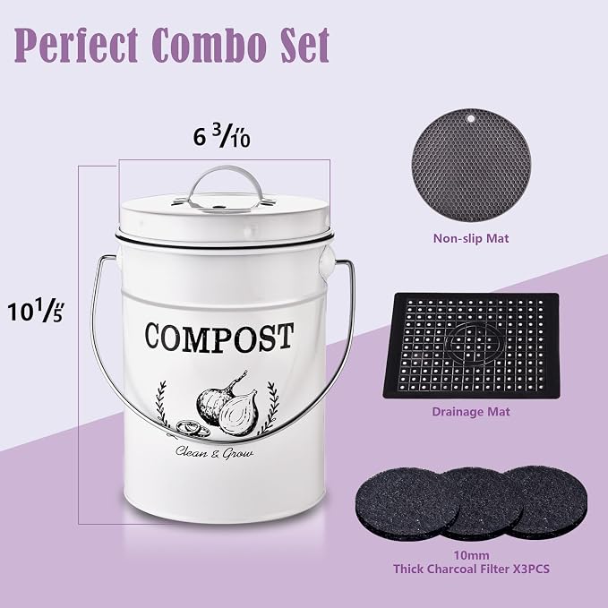 AOSION 1 Gallon Countertop Compost Bin for Kitchen with Lid,Odor Resistant | Farmhouse compost bin with charcoal filter,inner bucket and bags,easy kitchen food waste storage