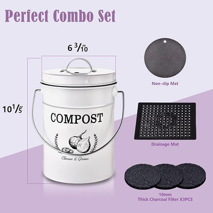 AOSION 1 Gallon Countertop Compost Bin for Kitchen with Lid,Odor Resistant | Farmhouse compost bin with charcoal filter,inner bucket and bags,easy kitchen food waste storage
