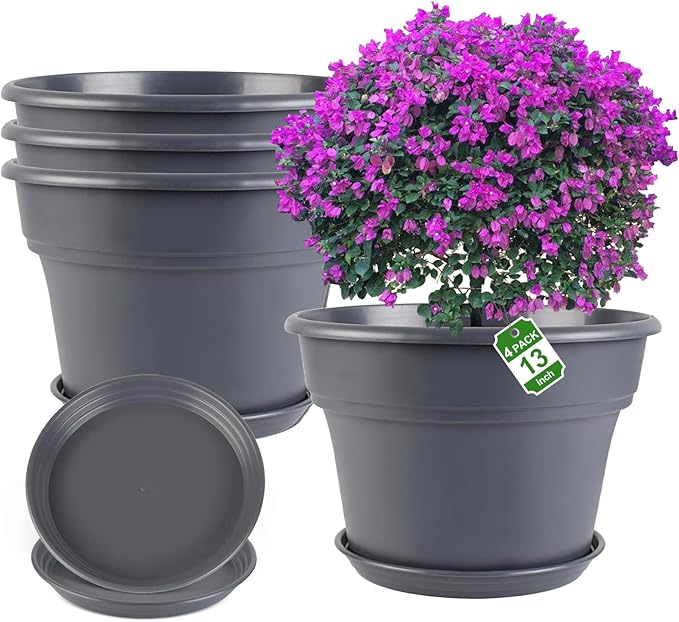 Myfeegoin 13-inch-Plant-Pots, 4 Pack Large Planters for Outdoor Plants, Plastic Flower Pots Indoor with Drainage Holes & Trays, Classic Garden Pot Container for House