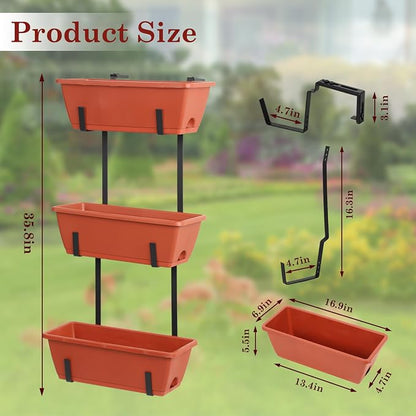 OYEAL Hanging Flower Pots for Railing Fence Outdoor Window Boxes Planter with Adjustable Hooks, Set of 2 Deck Rail Planters with 6 Detachable Plastic Planter Boxes, Drainage Holes, Brick Red