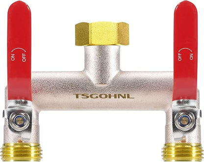 Hose Splitter 2 Way Heavy Duty Brass Garden Hose Splitter 3/4-in GHT | Outdoor Faucet Splitter With 2.1" Extra Long Handle, Lead-free, 2.7" Wide Spacing Fits Large Irrigation Timers, Garden, Lawn