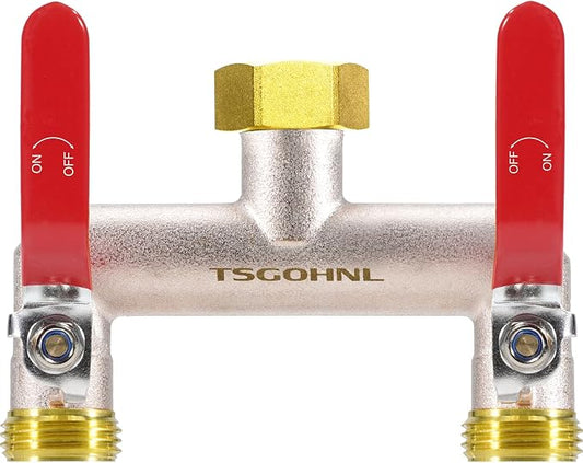 Hose Splitter 2 Way Heavy Duty Brass Garden Hose Splitter 3/4-in GHT | Outdoor Faucet Splitter With 2.1" Extra Long Handle, Lead-free, 2.7" Wide Spacing Fits Large Irrigation Timers, Garden, Lawn