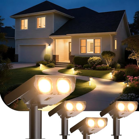 Solar Spot Lights Outdoor Adjustable Beam & PC Light Guide Column, 4 Pack Solar Lights Outdoor Waterproof IP65, 2 Modes & Auto On/Off Landscape Spotlights for Garden, Yard, Pathway, Tree (Warm Yellow)