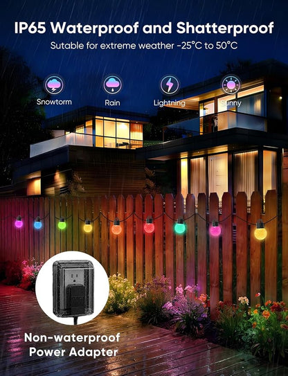 APPECK RGBW Outdoor String Lights 150ft for Patio, with 75 LED Bulbs | IP65 Waterproof, 111 Scene Modes, Dimmable Warm White, Individual Control, Music Sync, Compatible with Alexa & Google