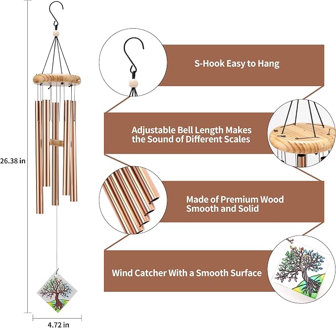 Solar Wind Chimes Outdoor with Glass and Copper (Square Life Tree) | Solar Powered, Garden Decor, Patio Decor, Glass and Copper, Outdoor Use