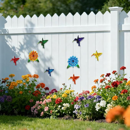 8 PCS Metal Hummingbird Flower Wall Art Garden Decor, 6“ Birds Sunflower Outdoor Wall Art, 3D Colorful Bird Wall Hanging Art Sculpture Outside Living Room Porch Garden Yard