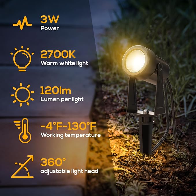 Banord Outdoor Landscape Lighting, 10 Pack Low Voltage LED Spot Lights with Transformer, IP65 Waterproof, 2700K Warm White for Yard, Garden, Lawn, Plants