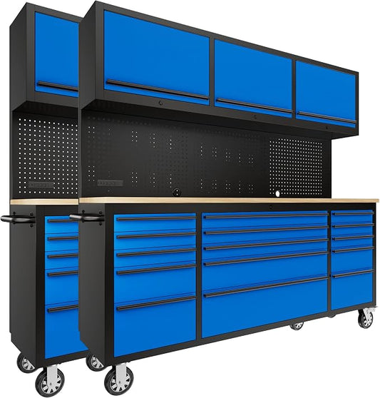 CHETTO C 72-Inch Tool Chest with Wheel Lock 15 Storage Drawers 3 Upper Cabinet Pegboard with Power Outlet for Large Warehouse Garage Toolbox (Blue, 72-Inch + 3 Upper Cabinets) 2 Pack