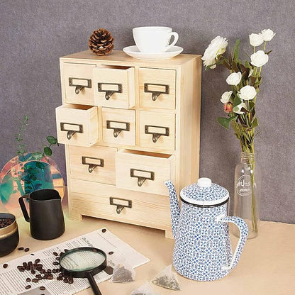 Apothecary Drawers Apothecary Cabinet with Drawers, Natural Wood | 9 Drawer Library Card Catalog, Wooden Storage Box, Wooden Desktop Organizer with Metal Handles-Fulled Assembled