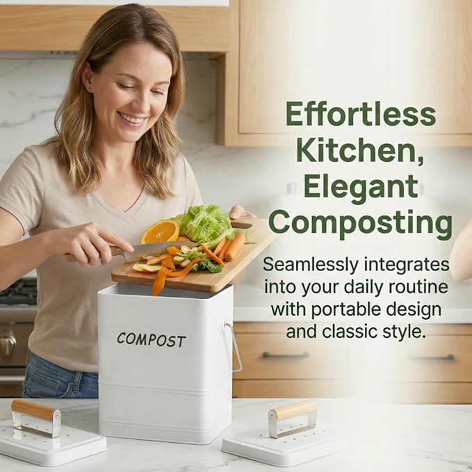 Tlence 1.7 Gallon Kitchen Compost Bin, Countertop Food Waste Pail with Handles, Odorless Composting Bucket with Carbon Filters, Indoor Small Food Scrap Composter for Trash Waste, White