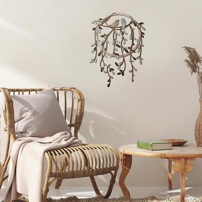 Ferraycle Metal Wall Art Bird on Tree Branch Silhouette with Drooping Vines Bird Art Decor Rustic Metal Spring Decor for Living Room Outdoor Garden Porch Wall Housewarming Party Gift(Dark Color)