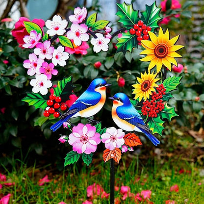 Garden Stakes Metal Bluebird - Heart Shaped Pair of Blue Birds with Flowers Colorful Yard Decor, Outdoor Lawn Ornament (Bluebird Couple)