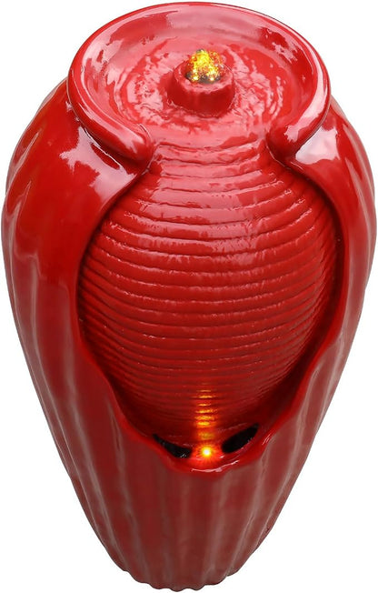 Teamson Home Glazed Vase Floor Freestanding Water Fountain with LED Lights and Pump for Outdoor Patio Backyard Deck Plant Garden Décor, 32 Inch Height, Red | Freestanding Floor Feature, Built-In LED Light, Glossy Red, Outdoor Décor