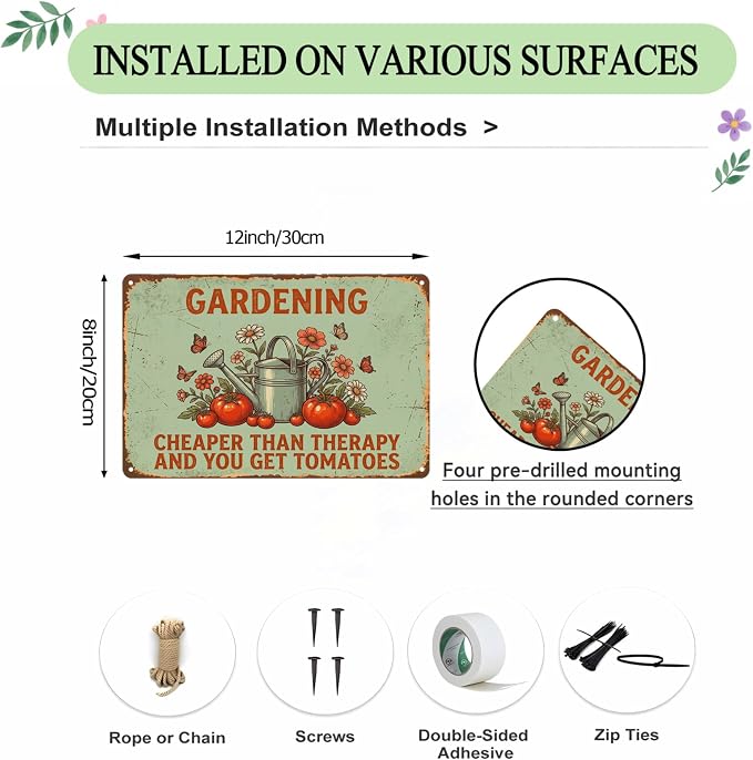 Funny Garden Metal Signs, Vintage Outdoor Wall Decor 12x8 Inch | Gardening Cheaper Than Therapy, Weatherproof Aluminum Sign for Patio Yard Greenhouse, Gift For Gardeners