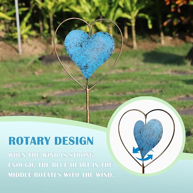Metal Garden Decor for Outside，Rotating Heart-Shaped Garden Stake, Cemetery Decorations for Grave,Perfect for Planter Decorations, Outdoor Lawn Gardens, Also the Best Choice for Gifts - Blue