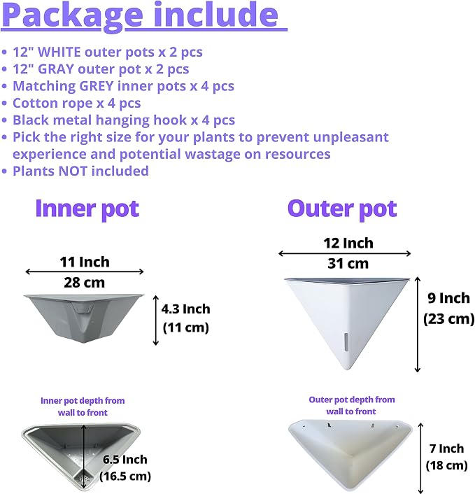 LaLaGreen Wall Planter (12in, 4 Pack) Large Indoor Self Watering Flower Pot | White and Gray Mixed Color Geometric Vertical Garden Plant Wall Hanging Vase Vessel with Black Metal Hanger Modern Stylish