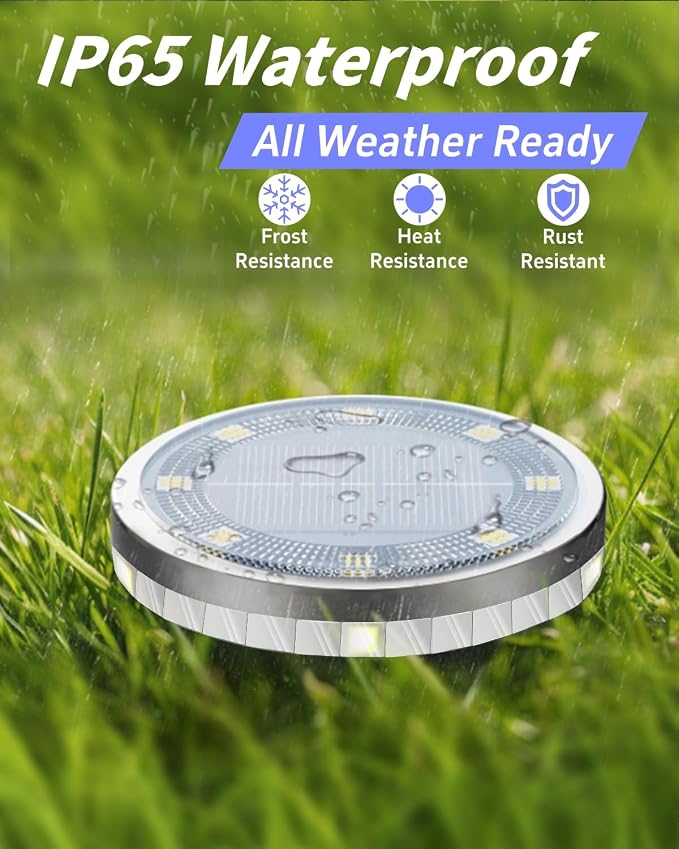 Solar Ground Lights Outdoor 12 Pack Waterproof Upgraded Flat Solar Garden Lights with 4 Side Light Stainless Steel Solar Powered Disc Light for Walkway Pathway Landscape Lawn Yard - Cool White