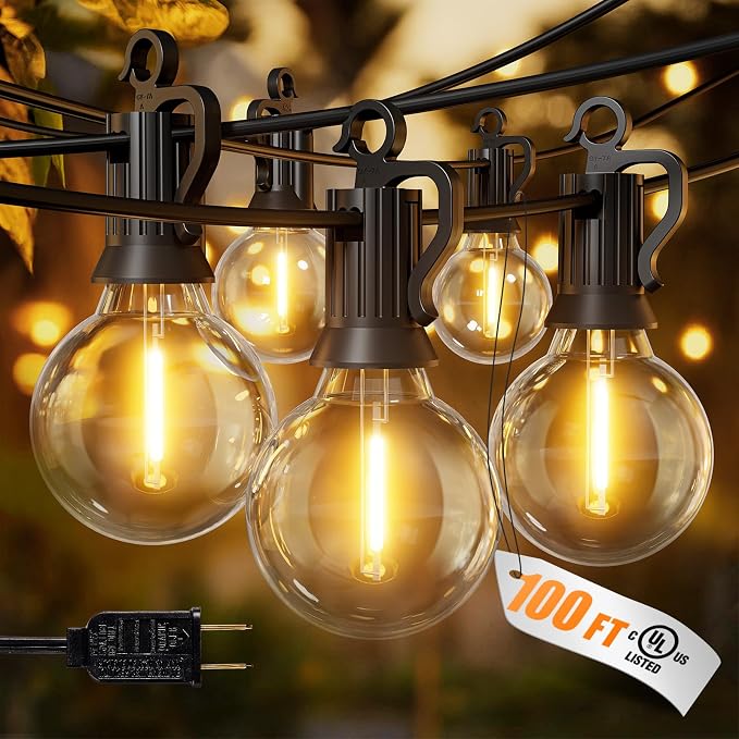 Brightown Outdoor String Lights, 100FT 50+2 G40 Bulbs Shatterproof Patio Lights, IP65 Waterproof Dimmable Hanging Connectable Globe LED Outdoor Lights for Backyard, Bistro, Porch, Deck, Balcony