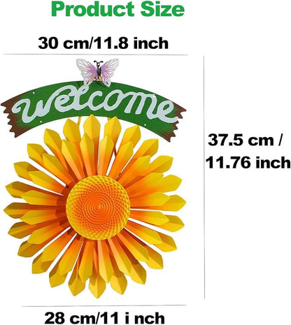 1 Pcs Metal Hanging Wind Spinners with Welcome Sign, 11.8 inch, Orange | Metal Sunflower Welcome Sign with Butterfly, Outdoor metal wall art decor, outside wall art Gardon decoration