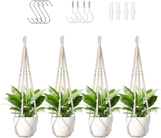 LEWESU Macrame Plant Hanger Indoor Set of 4 with 8 Hooks, Indoor Outdoor Hanging Planter for Plants Holder with Decorative Wood Beads & No Tassels, Boho Home Decor, 35 Inch Ivory (Pots Not Included)