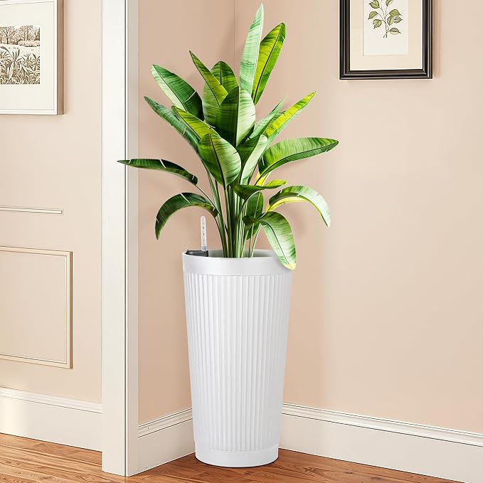 FENCY Self Watering Tall Planters Set of 2, White Round | 24 Inch, with Water Level Indicator& Spacious Reservoir, Plastic Tapered Pots, Weather-Resistant, Front Door Decor