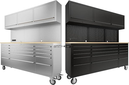 CHETTO C 72" Tool Cabinet Black Chest with 3 Upper Cabinets and 15 Drawers + 72" Tool Box Stainless Steel Mobile Rolling Workbench Large Tool Box Socket Lockable Storage Wheels for Garage 2 Pack