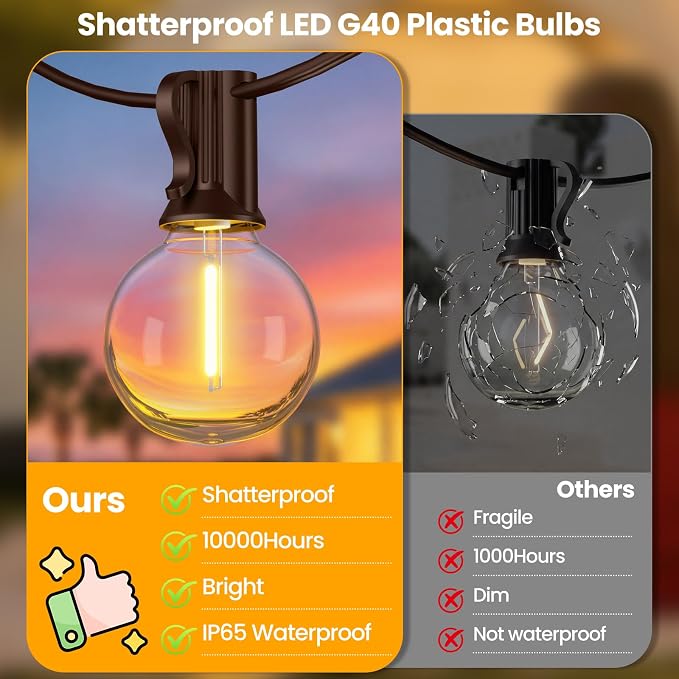 Mlambert 25FT Solar Powered String Lights Outdoor, Waterproof Solar Patio Light String with 10+1 Shatterproof LED G40 Bulbs for Backyard Garden-Brown