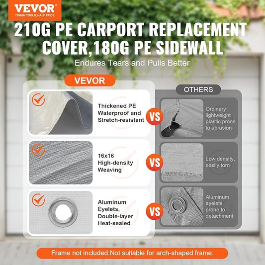 VEVOR Carport Replacement Canopy Cover Top + Side Wall 10 x 20 ft, Garage Tent Shelter Tarp Heavy-Duty Waterproof & UV Protected, Easy Installation with Ball Bungees,Grey (Frame Not Included)