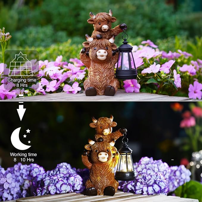Goodeco 9.5 Inch Highland Cattle with Solar Lantern – Resin Garden Decor, Outdoor Statue & Unique Highland Cow Gifts (Brown)