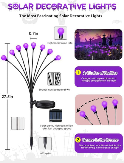Halloween Decorations Outdoor Solar Firefly Lights 6 Pack 48 LED Purple | 2 Lighting Modes, Memory Function and Auto On/Off, Sway with Wind, Waterproof Halloween Decor for Outside Horror Party Garden
