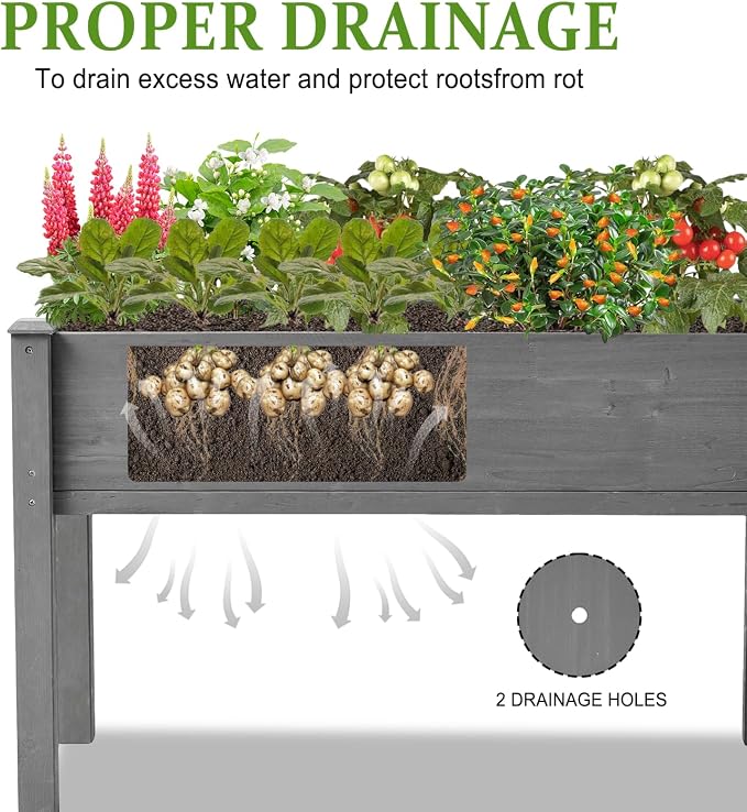 Raised Garden Bed with Legs, 48x24x30 in Planter Boxes Outdoor, Elevated Wooden Planter Box Standing Growing Bed for Gardening, Backyard, Patio and Balcony (Grey, 48x24x30)