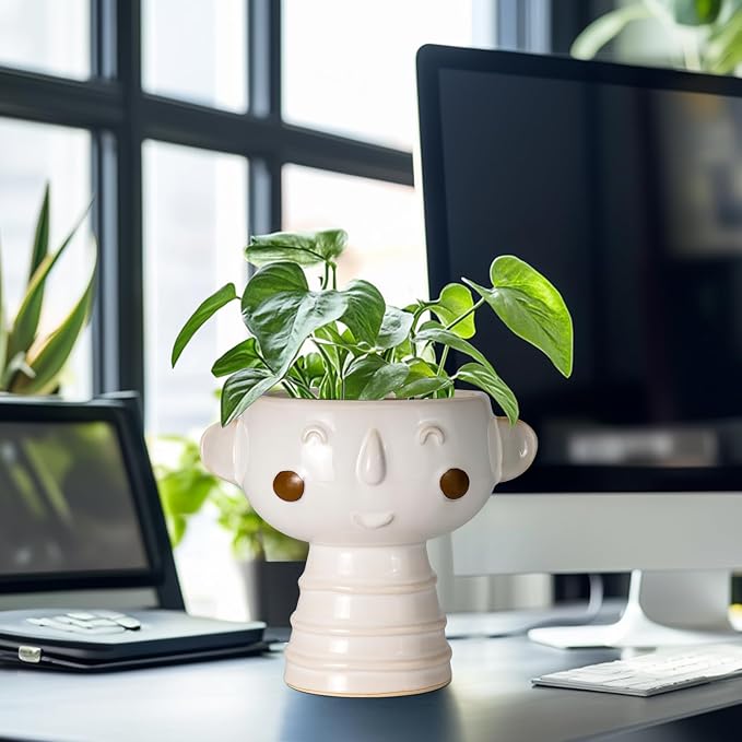 Head Planter for Indoor Plants - 7 Inch Ceramic Face Planter, Cute Succulent Pot with Drainage Hole, Indoor Outdoor Flower Plant Pot, Home Garden Decor, Gift for Plant Lovers, White