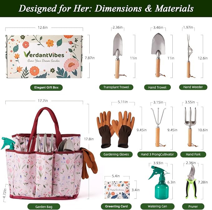 VerdantVibes Gardening Tools Set - 10 Piece Stainless Steel Garden Tools with Wood Handle, Pruners & Romantic Pink Floral Tote Bag - Cute Heavy Duty Gardening Gifts for Women Mom Wife