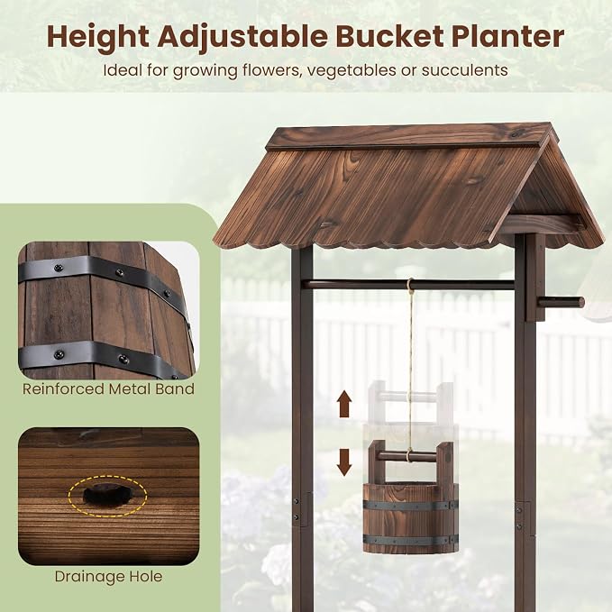 HAPPYGRILL Wooden Wishing Well Planter with Hanging Bucket, Flower Plants Planter, Outdoor Wishing Wells for Yard,Wishing Well Planters for Outside, Home Decor
