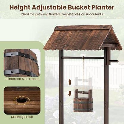 HAPPYGRILL Wooden Wishing Well Planter with Hanging Bucket, Flower Plants Planter, Outdoor Wishing Wells for Yard,Wishing Well Planters for Outside, Home Decor