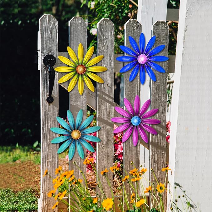 Giyyomtr Metal Flowers Wall Decor - 4pcs 6.2'' Metal Wall Art Hanging Decorations for Outdoor Fence Garden Yard Patio Exterior Wall Decor