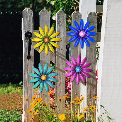 Giyyomtr Metal Flowers Wall Decor - 4pcs 6.2'' Metal Wall Art Hanging Decorations for Outdoor Fence Garden Yard Patio Exterior Wall Decor