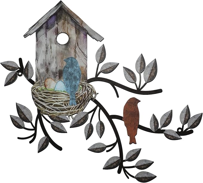 Peryiter Birds Wall Metal Decor Outdoor Art Hanging Metal Tree with Birdhouse for Living Room Tree Leaf Wall Decor for Indoor Outdoor Garden(Brown)