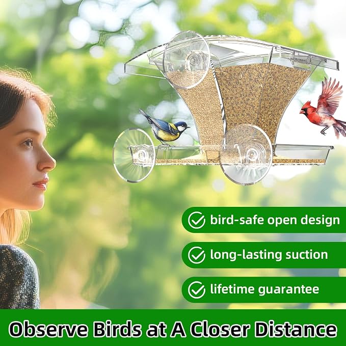 Window Bird Feeder for Outside with Waterproof Seed Storage – Strong Suction Cups, Large Capacity, Easy to Clean, Gifts for Bird Lovers