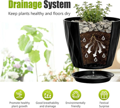 8 Inch Plastic Plant Pots,Set of 5 Flower Pots,Planters with Drainage Holes & Saucers, Indoor Outdoor Garden Pots for Home Decor (Black)