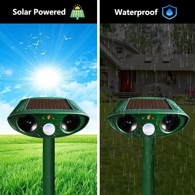 4 Pack Solar Ultrasonic Animal Repellent Outdoor, Cat Deterrent, Squirrel Repellent, Motion Activated Deer Repellent Devices for Squirrel Rabbit Skunk Raccoon Dog Cat Deer Fox Coyote Bird for Garden
