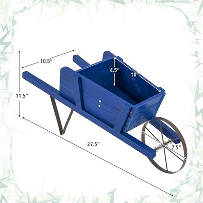 Wooden Wagon Planter, 27.5"x10.5"x11.5" Wheelbarrow Cart Plant Pot with Halloween Decoration & Mental Supports, Single Wheel Movable Garden Flower Cart Planter for Yard, Backyard (Blue)